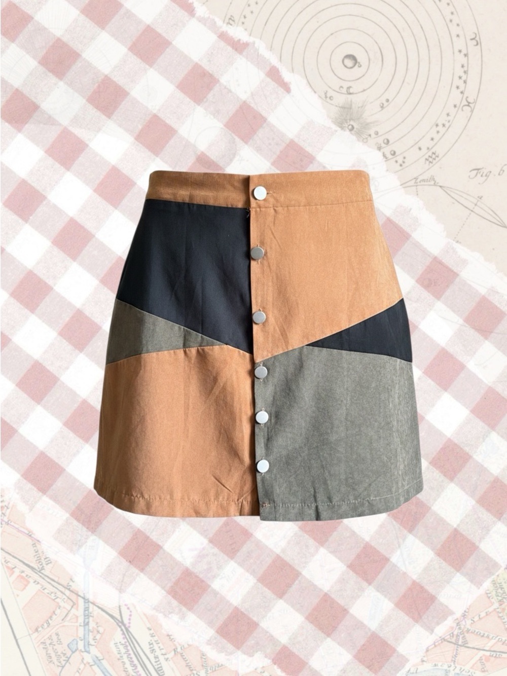 Button-Front Colorblock Mini Skirt in Tan, Black & Gray